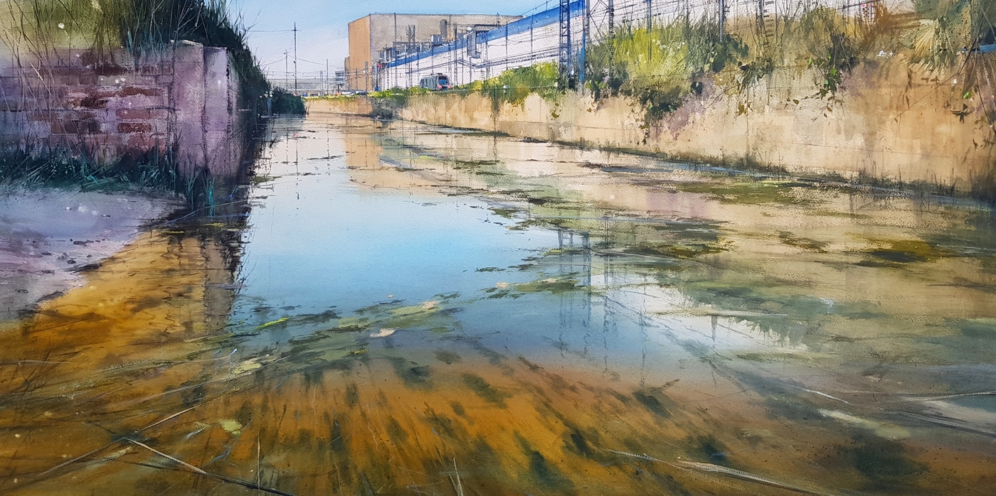 Albuixech — a wide canal reflecting the sky, watercolor by Pablo Rubén, layered greens and warm earth tones