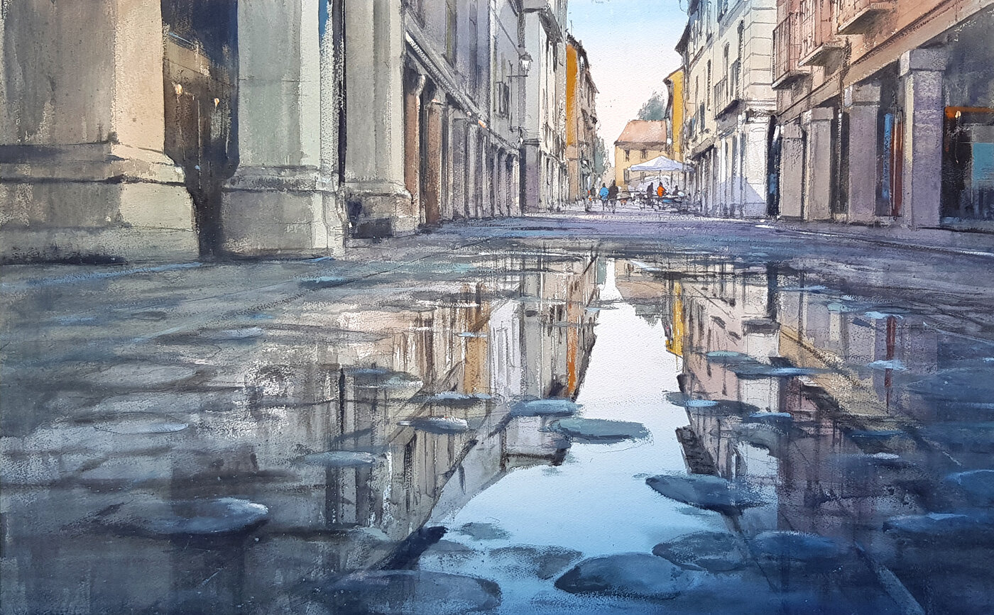 Alcalá de Henares — wet street reflecting an old Spanish town, watercolor by Pablo Rubén