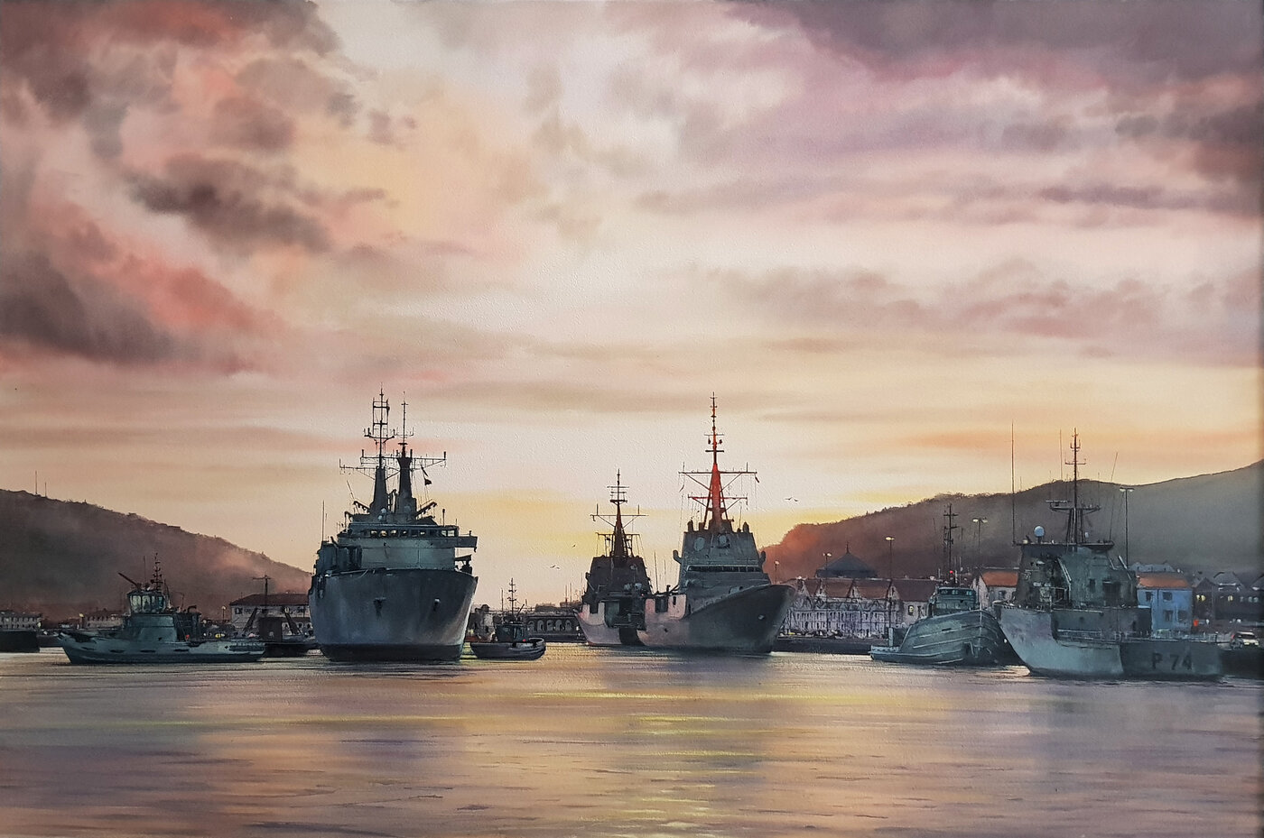 Ferrol harbor at sunset, watercolor by Pablo Rubén — warships moored, pink and ochre clouds reflected in still water